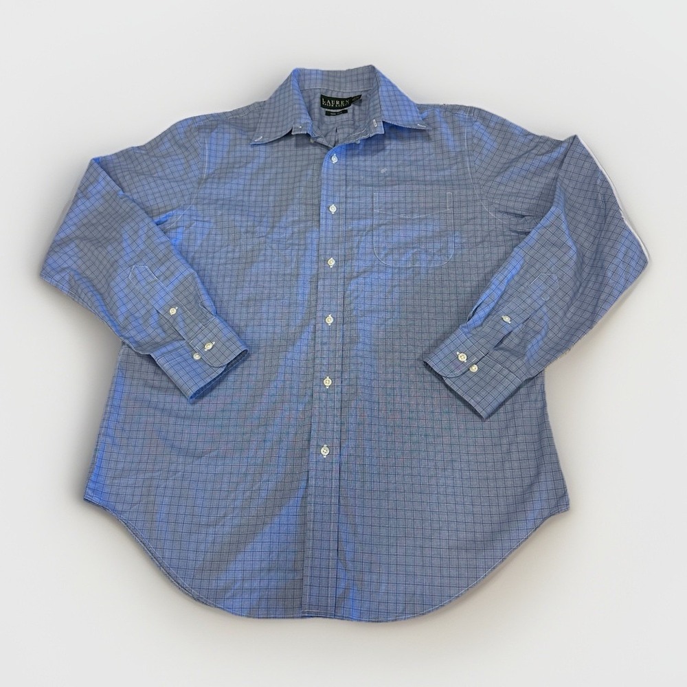 Lauren Ralph Lauren Men's Dress Shirt 16 34/35 Blue Check Non Iron‎ Cotton